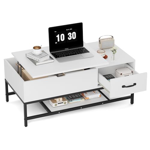 BonVache Lift Up Top Coffee Table,Wooden Lifting Table with Hidden Storage Compartment,Drawer & Open Shelf, Metal Frame Rectangle Accent Sofa Side Tea Desk for Living Room Office