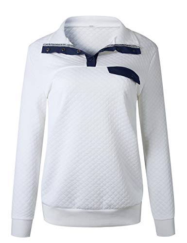 Merokeety Women's Long Sleeve V Neck Button Quilted Patchwork Pullover Sweatshirt Tops, Newwhite, M #TOP4