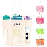 Ulico Personalized Pink Beach Bag Embroidered Name，Custom Large Mesh Tote Bag for Women, Foldable Shoulder Bags for Swimming Pools Travel Essential Sandproof(Cream)