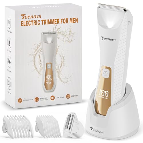 TEENOVA Pubic & Body Hair Trimmer for Men, 2 In 1 Electric Ball Groin Razor Shaver with Ceramic Blade, No Nick Mens Grooming Kits for Wet/Dry Use, Cordless Charging Body Groomer with Led Display,White