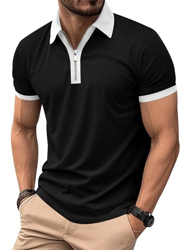 Mens Slim Fit Zip Polo Shirt 1940s Vintage Polo Graphic Collared
