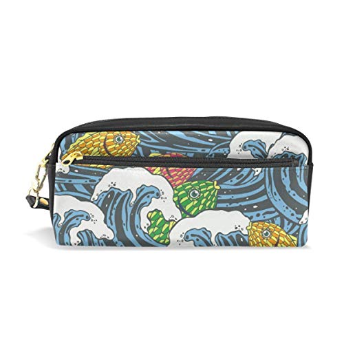 Preisvergleich Produktbild Ahdyr Meereswellen und bunte Fische PU Leder Bleistiftetui Tasche Reißverschluss Rechteckige große Stifttasche Pouchetasche Make-up Kosmetiktasche