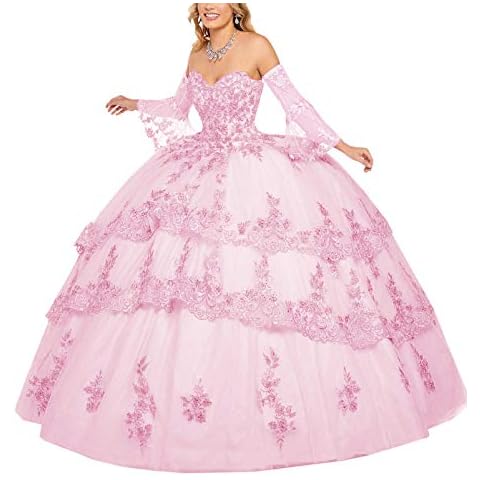 Annadress Women's Long Sleeve Lace Quinceanera Dresses Train V-Neck Ball Gown Pink Cover