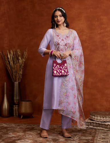 Image of Amazon Brand - Myx Women's Kurta Pant Set with Embroidered Organza Dupatta | A-line fit (Available in Plus Sizes)