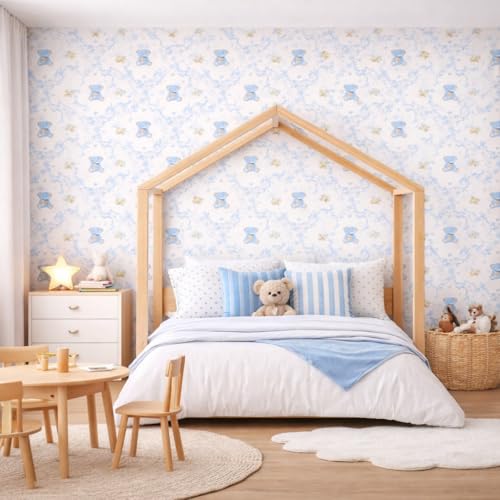 Image of Blue Teddy Bear Cartoon Wallpaper for Kids Room | Cute Nursery Wall Decor for Baby Room | Self Adhesive Peel & Stick Wallpaper | Removable, Washable Wall Covering 16 x 144 Inch