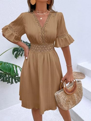 Image of Womens Summer Dresses V-Neck Lace Insert Flounce Casual Lightweight Sleeve Midi Dresses for Women 2025 Trendy