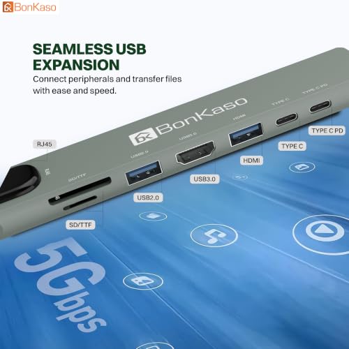 Image of BonKaso 8-in-1 USB C Hub with 4K HDMI, 100W PD Charging, Gigabit Ethernet, 3 USB 3.0 Ports, SD /TF Card Reader, Type C Multiport Adapter for MacBook Pro /Air, Dell, HP, Lenovo, iPad Pro & USB-C Laptops