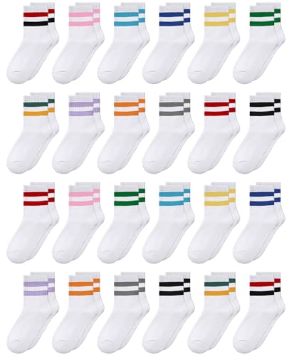 Eurzom 24 Pairs Kids Stripe Crew Socks Sporty Athletic Cotton Socks Colorful Retro Stripe Athletic Hosiery for Boys Girls School Uniforms Daily Wear Among 6-10 Years