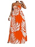 OYOANGLE Women's Plus Size Tropical Print Cami Maxi Dress Boho Tie Front Ruched Beach Vacation Hawaii Dress Orange 3X-Large Plus