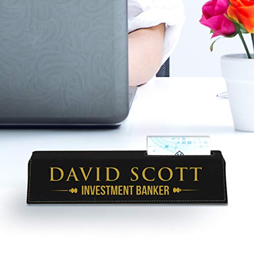 Custom Engraved Desk Name Plate - Personalized Desk Wedge With Business Card Holder (Black With Gold) #TOP1