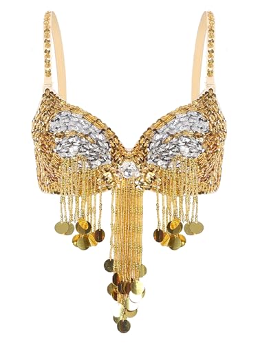Sxiwei Donne Paillettes Reggiseno Spalline Push Up Reggiseno Glitter Top con Nappa Costume Danza del Ventre Metallizzato Top Danza del Ventre Intimo Abbigliamento da Danza Oro Taglia Unica
