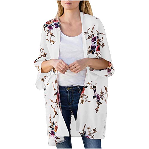 YJLX Kimono de verano para mujer, de gasa, cárdigan largo, ligero, para playa, cubierta de bikini, estampado floral, chaqueta de punto, estilo boho, poncho de playa, poncho de playa, poncho, cubierta