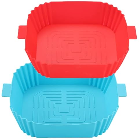 MEKY Air Fryer Silicone Pot, 2 pcs Reusable Air Fryer Silicone Basket Baking Tray Square Liners Air Fryer Grill Pan Baking Microwave Oven Tray High Temperature Air Fryers Accessories (red+blue) Cover