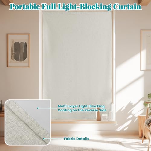 Image of 100% Blackout Curtains for Bedroom Stick On Curtain Window Shades Pull Down Blackout Window Cover No Drillng Self Adhesive Curtains No Rod Small Windows, W46 x L72 inch, 1 Panel, Light Beige