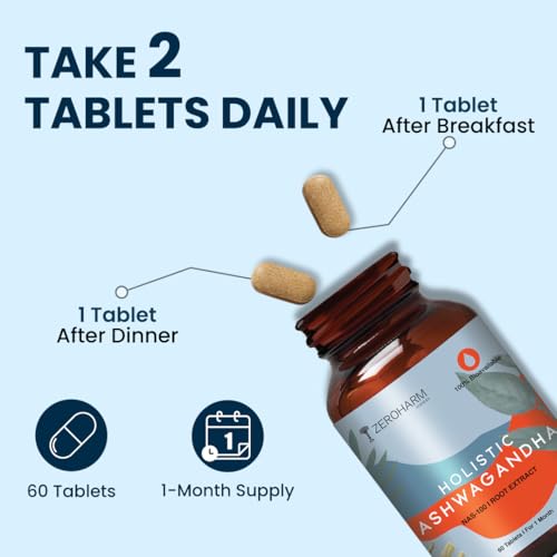Image of ZEROHARM Nano Ashwagandha Supplement with 10% Withanolides 600mg Per Serving | Ashwagandha Root + Pectin | Natural Adaptogen for Stress Balance, Energy, Focus & Performance | 60 Tablets