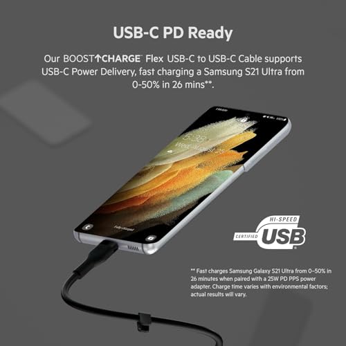 Image of Belkin BoostCharge Flex Silicone USB-C to USB-C Charging Cable (2M /6.6FT) for iPhone 16, iPhone 16 Pro, Galaxy S25, S24, Pixel 9 & 8, Nintendo Switch 2 & More with Cable Clip - Black & White (2-Pack)