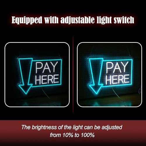Image of Pay Here Neon Sign Bright Ice Blue White Pay Light Up Sign for Business Decor Dimmable LED Words Neon Light for Restaurant Shop Bar Neon Wall Decor (16.5 * 12.8 In)