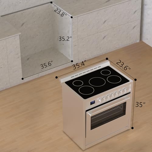 36 Inch Electric Range with 5 Cooktop Burners, 4.3 Cu.Ft. Freestanding Electric Range Oven, 7 Functions Professional Convection Oven, Easy Reach Racks, Timer, Stainless Steel, Silver