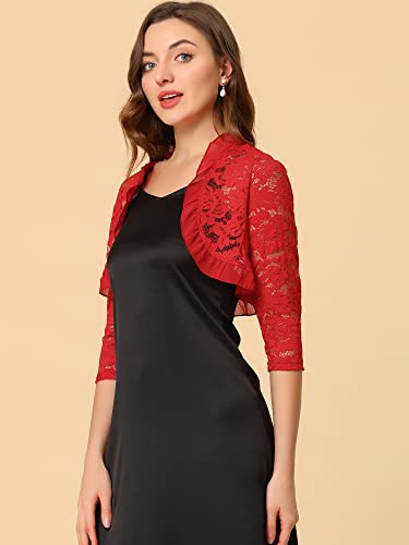 Image of Allegra K Women's Elegant Lace Cardigan Ruffle Collar Crop 3 /4 Sleeve Sheer Bolero Floral Lace Shrug Top