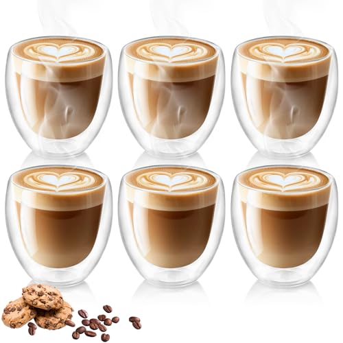 Cappuccino Tassen 6er Set, Cappuccino Gläser, 250ml Doppelwandiges Kaffeegläser, Schwebeeffekt, Thermogläser, Hitzebeständiges Teeglas, Kaffeeglas