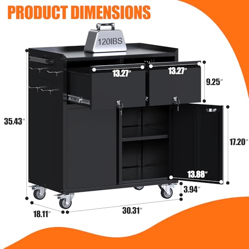 Image of Metal Tool Cabinet with 2 Drawers, Adjustable Shelf & Wheels, Black