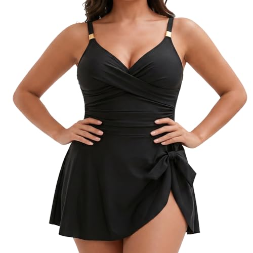 Maillot de Bain Une Pièce Femme avec Jupette, Maillot de Bain Ventre Plat Amincissant à Volants, Tankini Grande Taille, XX