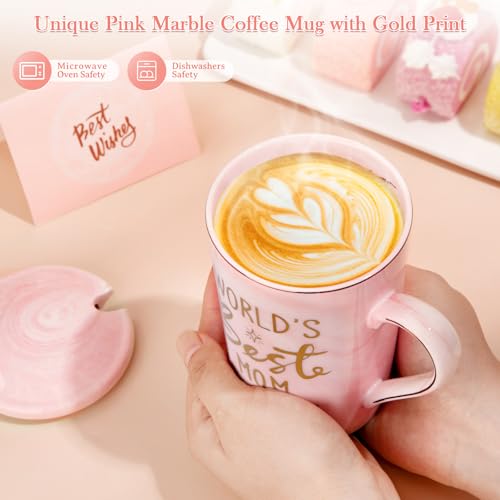 Birthday Gifts for Mom from Daughter Son - 14Oz Funny Best Mom Mug with Gold Print, Unique Pink Marble Coffee Cup with Lid Spoon Greeting Card, New Moms Christmas Day Gift Ideas, Luxury Gift-Boxed Set - Image 4