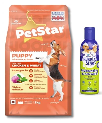 Image of Petstar Puppy Dry Dog Food (High Protein) Chicken & Wheat Flavor, 1kg and Mankind BubbleStar Neem & Aloe Vera 2-in-1 Shampoo & Conditioner for Dogs & Cats,200 ml