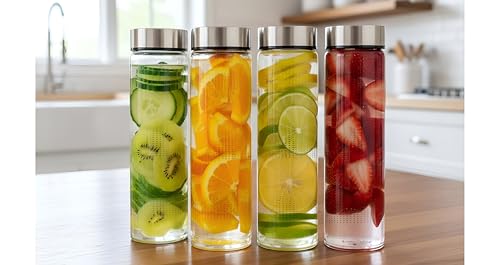 OLIN Glass Fridge Water Bottle with BIG Steel Cap | Set Wide Mouth| with AirTight Leak Proof Reusable | Juicing, Smoothies, Beverage Storage | Reusable 750ml set of 4