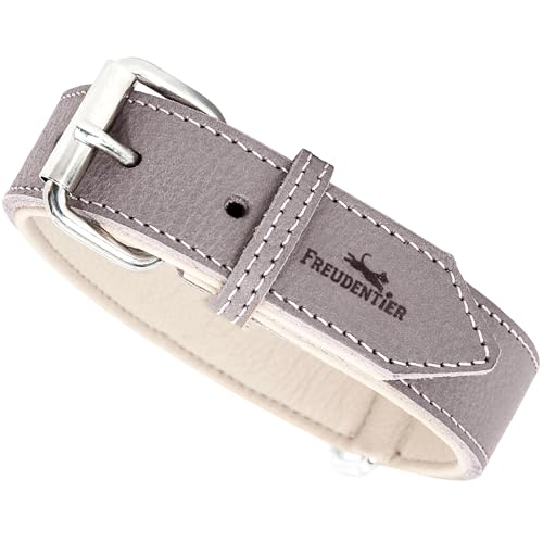 FREUDENTIER Hundehalsband aus Leder, Made in EU, gefüttert & super komfortabel, hochwertiges breites Lederhalsband aus Vollnarbenleder, Model “Amstelpark” (42-52cm Halsumfang, Graubraun)