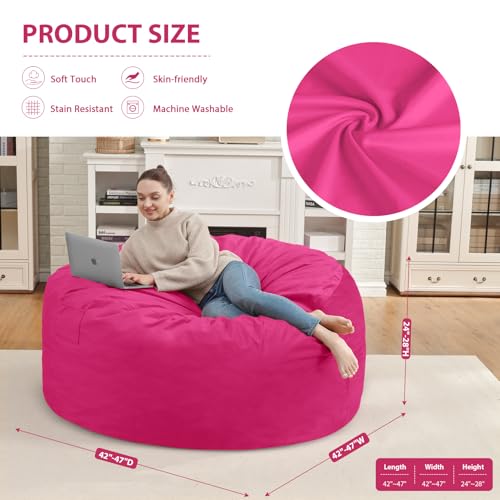 4FT Bean Bag Chair, Large Bean Bag Chairs with Memory Foam Filled, Fluffy Beanbag Sofa with Dutch Velvet Cover, Round BeanBag Chairs for Living Room, Playroom - Pink
