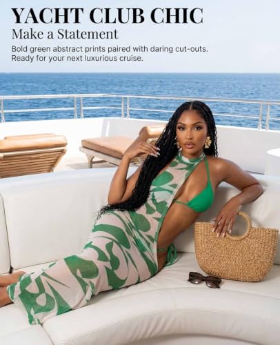 Image of Women's Sexy Swimsuit 3 Piece Thong Bikini Set Triangle Halter Bathing Suit Sheer Mesh Beach Cover Up Maxi Dress