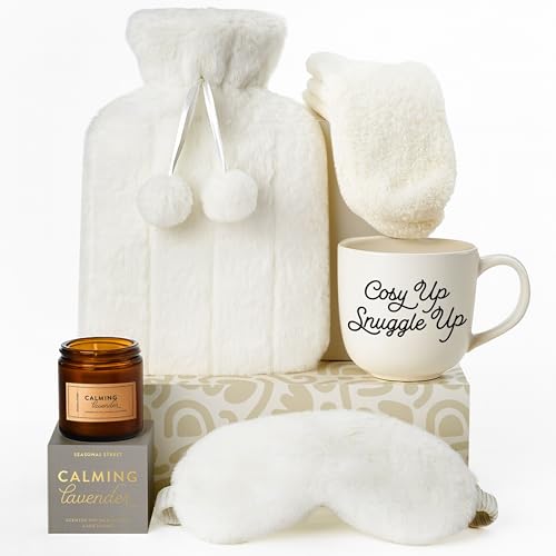 Geschenkset frauen - Heiße Schokolade Geschenkset mit Weiß Wärmflasche mit Bezug, Flauschige Socken, Tasse, Duftkerze, Schlafmaske und Malbuch mit...