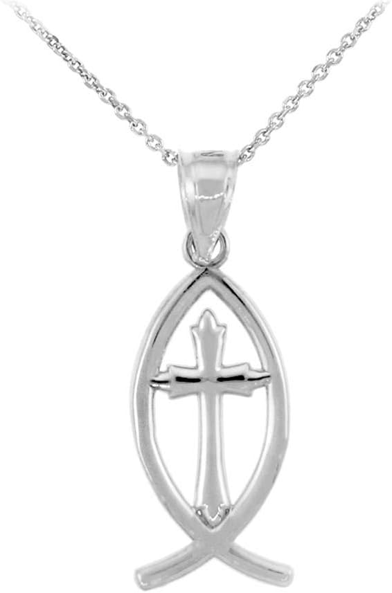 925 Sterling Silver Jesus Cross Charm Ichthus Christian Fish Pendant Necklace