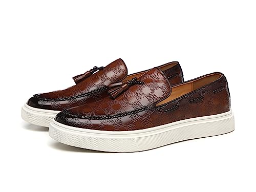 Santimon Men's Tassel Braided Loafers Slip-on Flat Chunky Sole Casual Dress Shoe4
