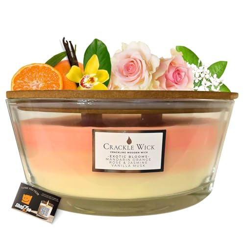 Crackle Wick 3-Layer Scented Crackling Wooden Wick Candle in Elegant Ellipse Glass Jar with Lid, 485g - Includes ShopZee Candle Safety Tips Guide (Exotic Blooms)