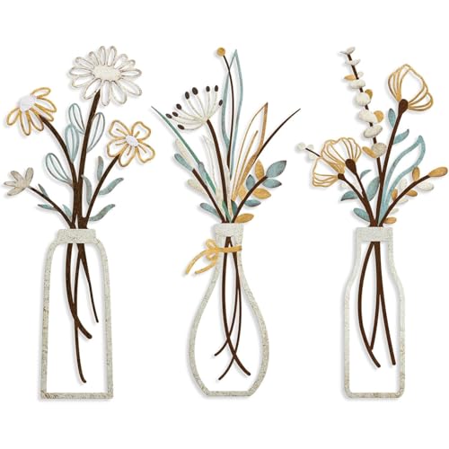 Wonninek 3 Stück Metall Blumen Wanddekoration, Bunte Metall Blumen Wandskulptur, Schwarze Minimalistische Vase Wandkunst für Terrasse Wohnzimmer Badezimmer Schlafzimmer Esszimmer Küche Dekorationen
