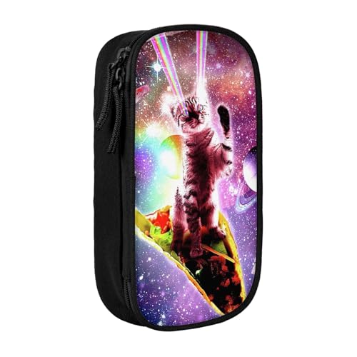 宇宙タコス猫虹のレーザーの目ペンケース 筆箱 文具ケース おしゃれ 筆袋 鉛筆ケース 鉛筆のサック 中高校生 軽量 収納バッグ 学生 子供 誕生日 入学ギフト 大容量 ダブルレイヤーBlack