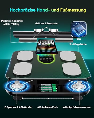 Körperfettwaage Personenwaage Digital 8-Elektroden Bluetooth App Smart Körperanalysewaage, 58 Körperdaten Fett, Muskel, Protein, BMI, BMR, Großes Display, Gehärtetes Glas, 180kg/400lbs, 24 Benutzer
