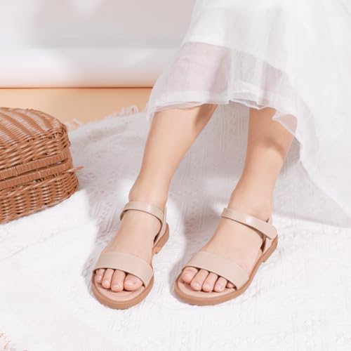 Image of PANDANINJIA Girls Sandals Open Toe Summer Flats Dress Shoes | Toddler /Little /Big Kid, Flower Girl, Lightweight Cushioned, Hook and Loop, Breathable Insole, Wedding, Party