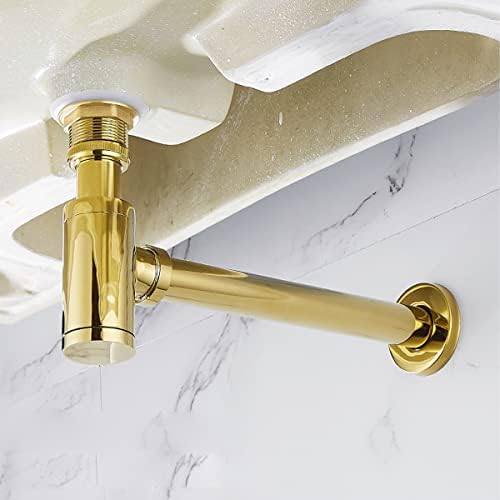 Brass Bottle Trap 1 1/4, Universal Siphon Round Bottle P-Trap Adjustable Sink Waste Trap Drain Tube Kit for Bathroom Sink Basin Vessel (Gold)