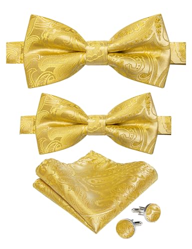 DiBanGu 2PCS Father and Son Bow Tie Silk Mens and Boys Pre-tied Bowtie & Pocket Square Cufflinks Set Kids Adjustable Bow Tie, Yellow Gold