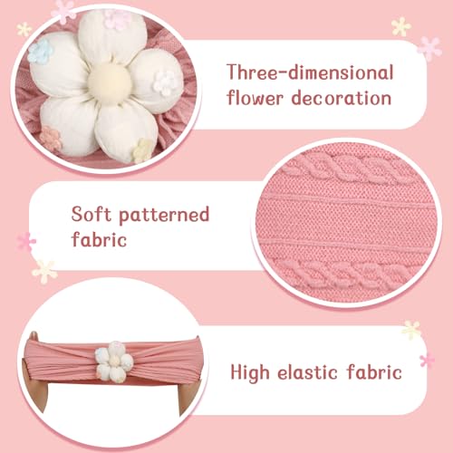 MIUXUESO 3 Piece Baby Girls Flower Headband, Florals Nylon Headband Soft Comfortable Elasticity Hairbands Baby Shower Newborn Essentials for Infant Toddlers (Beige Pink Khaki) — view 3