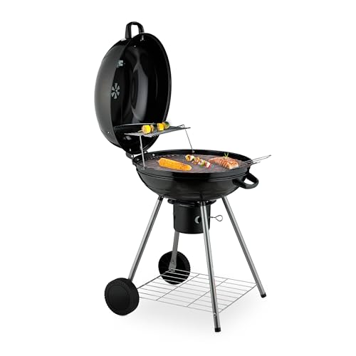 Relaxdays Kugelgrill, Ø 53 cm, 2 Grillrost, Thermometer, Aschesammler, Holzkohlgrill mit Rädern, BBQ, Smoker, schwarz