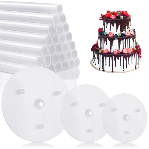 ASelected Cake Dowels Rods Set 30 Pcs Cake Dowels With 3 Pcs Cake Separator Plates For Tiered Cake Construction And Stacking Supporting