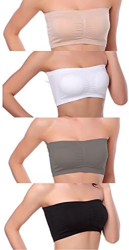 Venbond 4Pack Women's Seamless Bandeau Crop Tube Top Bra Strapless Padded Bralette (M, Black/White/Nude/Grey, M)