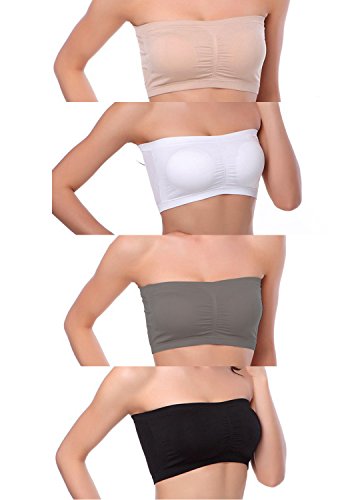 Venbond 4Pack Women's Seamless Bandeau Crop Tube Top Bra Strapless Padded Bralette (M, Black/White/Nude/Grey, M) #TOP24