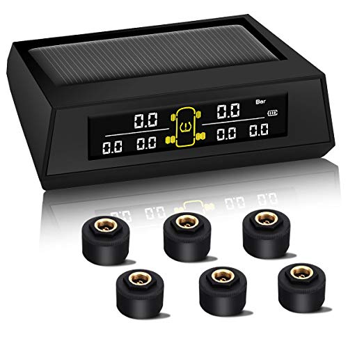 HONGNAL Tire Pressure Monitoring System for RV Trailer, Solar/USB Charging TPMS Wireless Monitor with 6 Tire Pressure Sensors, Real-time Display Tire Pressure and Temperature and 6 Alarm Function