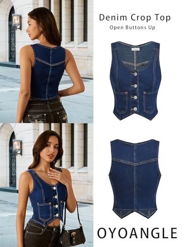 OYOANGLE Women's Button Front Denim Vest Tank Top Scoop Neck Sleeveless Jean Waistcoat2