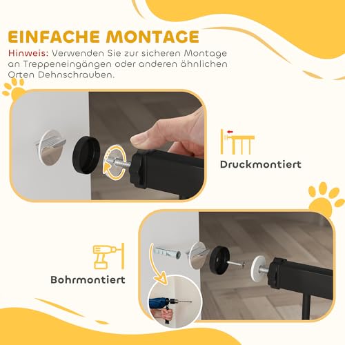 PawHut Treppenschutzgitter 104cm Türschutzgitter Absperrgitter ohne Bohren 76-104 cm Schutzgitter aus Stahl für Hunde, Haustiere Treppen, Tür, Schwarz